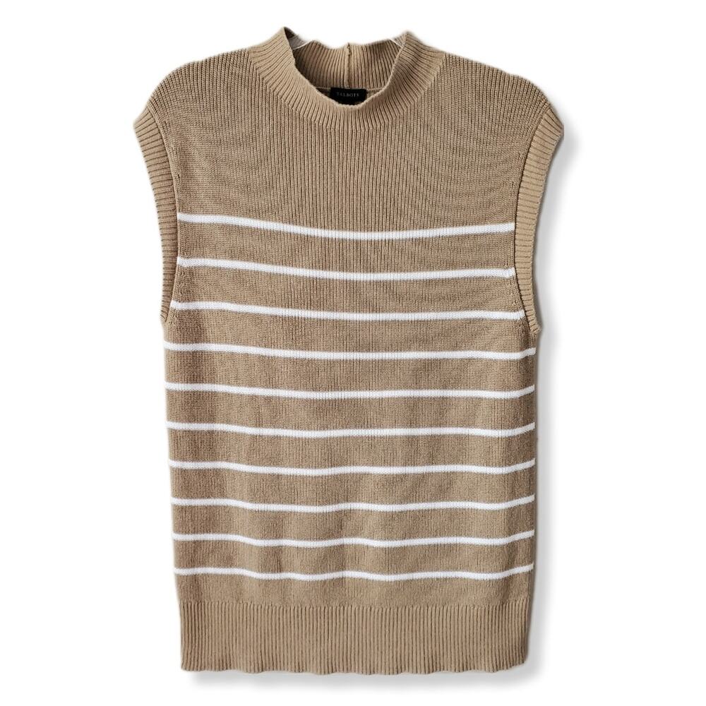 Women Talbots Tan White Stripe Knit Top L Neutral Coastal Beach Preppy Yachtcore